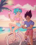  1boy 1girl aqua_hair bicycle black_eyes blue_eyes boat breasts brown_hair bulma cleavage cloud commentary crop_top denim denim_shorts dragon_ball dragon_ball_z earrings english_commentary eyewear_on_head frown heart heart_earrings highres holding holding_ice_cream_cone ice_cream_cone jewelry medium_breasts midriff navel open_mouth palm_tree pink_sky ponytail red_shorts sandals short_shorts shorts sitting sky smile sunglasses tan tree twitter_username vegeta watch watercraft whirlydoodle wristwatch 