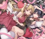  1girl :d \||/ akatsuki_hijiri black_dress black_hair black_pantyhose black_ribbon blonde_hair box bracelet breasts cleavage dress ereshkigal_(bitter_sweet)_(fate) ereshkigal_(fate) fate/grand_order fate_(series) gift gift_box hair_ribbon hand_on_another&#039;s_stomach heart heart-shaped_pillow ishtar_(bitter_sweet)_(fate) ishtar_(fate) jewelry light_blush long_hair looking_at_viewer lying medium_breasts on_back on_side open_mouth pantyhose petals pillow pink_ribbon pinstripe_dress pinstripe_pattern red_dress red_eyes revision ribbon shawl short_dress siblings sisters smile very_long_hair white_ribbon 