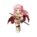  1girl armor belt black_thighhighs boobplate brown_belt cape chibi claymore_(sword) closed_mouth cross cross_of_prontera drawing_sword frown full_body gauntlets green_eyes holding holding_sword holding_weapon long_hair looking_at_viewer lord_knight_(ragnarok_online) miniskirt mole official_art over-kneehighs pauldrons pink_hair pink_skirt ragnarok_online red_cape short_bangs shoulder_armor simple_background skirt solo spiked_gauntlets standing sword tachi-e thighhighs transparent_background v weapon yuichirou 