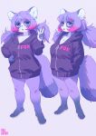 2024 absurd_res anthro aruurara bangs barefoot breasts canid canine circle_eyebrows cleavage clothed clothing ear_piercing ear_ring eyebrow_through_hair eyebrows feet female full-length_portrait fur hair hi_res highlights_(coloring) hoodie kemono looking_at_viewer mammal multicolored_body multicolored_fur pantsless pawpads piercing pink_highlights pink_pawpads portrait purple_body purple_eyes purple_fur raccoon_dog ring_piercing satori_(aruurara) side_bangs signature solo tail tanuki tongue tongue_out topwear translucent translucent_hair twintails_(hairstyle) white_body white_fur