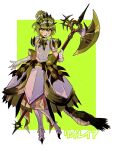  1girl armor armored_boots armored_dress axe boots bow breastplate commentary_request dragon_tail dress gloves green_bow green_square hair_bun highres holding holding_axe kagami_ritsuke looking_at_viewer medium_hair monster_girl monster_hunter_(series) personification rathian shoulder_armor simple_background smile spikes tail teeth tiara two-tone_background upper_teeth_only white_gloves yellow_eyes 