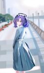  1girl absurdres alternate_costume blue_archive blurry blurry_background blush derivative_work feet_out_of_frame halo highres looking_at_viewer looking_back outdoors purple_eyes purple_hair si_(hnma5353) smile solo two_side_up yuuka_(blue_archive) 