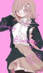  1girl black_jacket black_thighhighs blush cowboy_shot danganronpa_(series) danganronpa_2:_goodbye_despair dress_shirt hand_up happy_birthday jacket long_sleeves medium_hair miniskirt nanami_chiaki neck_ribbon open_clothes open_jacket pink_background pink_eyes pink_ribbon pleated_skirt ribbon shirt simple_background skirt sleeves_past_wrists solo spaceship_hair_ornament thighhighs white_shirt 