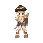  1girl arms_at_sides axe belt belt_buckle bikini bikini_top_only blonde_hair blue_eyes blue_gloves blue_shorts boots breasts brown_belt brown_footwear brown_headwear buckle chibi closed_mouth elbow_gloves fingerless_gloves fold-over_boots full_body fur-trimmed_shorts fur_trim gloves hat holding holding_axe lock looking_at_viewer medium_bangs medium_breasts midriff navel official_art padlock peaked_cap pouch ragnarok_online reverse_grip short_shorts shorts simple_background smile solo standing star_(symbol) swimsuit tachi-e transparent_background underboob vambraces white_bikini whitesmith_(ragnarok_online) yuichirou 