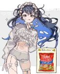  1girl :q arm_behind_back bandaid bandaid_on_face bandaid_on_stomach blue_eyes blue_hair calbee_(potato_chips) colored_inner_hair cowboy_shot cropped_sweater emoji grey_shorts highres inu_totemo long_hair long_sleeves looking_at_viewer midriff mole mole_on_stomach multicolored_hair navel original puffy_long_sleeves puffy_sleeves short_shorts shorts snack solo sweater tongue tongue_out white_sweater 