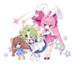  3girls :d animal_ears animal_hands animal_hat ankle_socks apron arm_up arms_behind_back bare_shoulders bell blue_bow blue_dress blush bow bowtie brown_hair cat_hat cat_tail closed_mouth deformed dejiko detached_sleeves di_gi_charat dice_hair_ornament dot_mouth dot_nose dress footwear_bow frilled_socks frills full_body gloves green_bow green_eyes green_hair hair_bell hair_bow hair_intakes hair_ornament hand_up hat highres long_hair maid maid_apron multiple_girls neck_bell one_eye_closed open_mouth parted_bangs paw_gloves paw_shoes pink_bow pink_eyes pink_footwear pink_hair pink_skirt puchiko rabbit_ears seoji shirt short_hair skirt sleeveless sleeveless_shirt smile socks star_(symbol) star_in_eye striped_clothes striped_footwear striped_headwear striped_tail symbol_in_eye tail tail_bow tail_ornament twintails usada_hikaru very_long_hair waving white_apron white_background white_dress white_footwear white_gloves white_hair white_socks white_tail yellow_headwear 