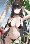  1girl alternate_costume arm_up armpits bikini black_bikini black_choker black_hair blue_archive blush breasts choker collarbone commentary cup drink hair_ornament hairclip halo highres holding holding_cup ki-16 large_breasts long_hair looking_at_viewer navel outdoors palm_tree red_eyes ringed_eyes rio_(blue_archive) solo stomach straight_hair string_bikini swimsuit tree very_long_hair 