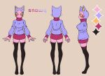  &lt;3 &lt;3_eyes absurd_res blue_eyes clothing felid feline female fingers ghost hi_res hindpaw humanoid legwear mammal model_sheet mouthless paws pink_body pink_skin simple_background sirbotik snowy_(snowytheghost) solo spirit sweater thigh_highs topwear whiskers yellow_sclera 