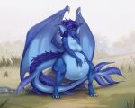 anthro belly big_belly blue_body blue_skin cmitchell dragon female fin hair hi_res long_ears long_tail mythological_creature mythological_scalie mythology purple_hair red_eyes scalie solo tail thell vore wings