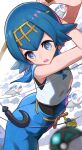  1girl arms_up blue_eyes blue_hair blue_pants blue_sailor_collar blurry blurry_foreground bright_pupils commentary fishing_rod gold_hairband hairband highres holding holding_fishing_rod lana_(pokemon) net_ball no_sclera open_mouth pants poke_ball pokemon pokemon_(anime) pokemon_(creature) pokemon_sm rainys_bill sailor_collar shirt short_hair sleeveless sleeveless_shirt solo teeth upper_teeth_only white_pupils white_shirt wishiwashi wishiwashi_(solo) 