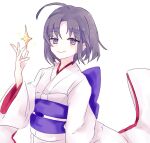  1girl floating_hair japanese_clothes kara_no_kyoukai kimono looking_at_viewer matecharon medium_hair purple_eyes purple_hair red_shirt ryougi_shiki shirt simple_background white_background white_kimono white_shirt 