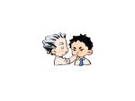 2boys akaashi_keiji black_hair blue_necktie bokuto_koutarou chengongzi123 chibi collarbone commentary grey_hair haikyuu!! highres looking_at_another male_focus multicolored_hair multiple_boys necktie o_o open_mouth simple_background streaked_hair striped_necktie symbol-only_commentary thick_eyebrows upper_body white_background white_hair 