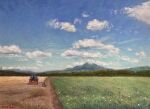  blue_sky cloud cloudy_sky farm flower forest grass harvest highres motor_vehicle mountain mountainous_horizon nature no_humans norako_pastel original plant sky tractor tree wheat wheat_field white_flower 