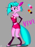 anthro armwear blue_body blue_fur blue_hair bottomwear bracelet canid canine clothing female fox fur grey_background hair hi_res jewelry mammal model_sheet pink_body red_eyes shirt shorts simple_background solo tail topwear vivzlover