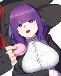  1boy 1girl :o black_gloves black_robe blunt_bangs blush breasts bright_pupils commentary_request dress feeding fern_(sousou_no_frieren) fingerless_gloves food gloves highres holding holding_food hyoe_(hachiechi) lap_pillow large_breasts looking_at_viewer macaron pov pov_hands purple_eyes purple_hair robe sousou_no_frieren stark_(sousou_no_frieren) white_dress white_pupils 