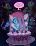  2014 animatronic anthro avian biped bird blue_eyes bodily_fluids bonnie_(fnaf) cake candle canid canine chica_(fnaf) chicken dessert dialogue digital_media_(artwork) earth_pony english_text equid equine female female_anthro five_nights_at_freddy&#039;s food foolyguy fox foxy_(fnaf) friendship_is_magic front_view galliform gallus_(genus) glowing glowing_eyes group hair hasbro hook_hand horse lagomorph leporid long_hair looking_at_viewer machine male male_anthro mammal my_little_pony open_mouth phasianid pink_body pink_ears pink_hair pink_skin pinkie_pie_(mlp) pony rabbit robot scottgames sharp_teeth smile speech_bubble sweat teeth text wide_eyed 