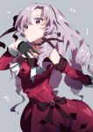  1girl aoi_(altea0923) black_gloves black_ribbon claw_ring dress drill_hair gloves hair_ribbon highres hyakumantenbara_salome hyakumantenbara_salome_(1st_costume) juliet_sleeves long_hair long_sleeves looking_at_viewer nijisanji puffy_sleeves purple_hair red_dress red_sleeves ribbon smile twin_drills virtual_youtuber 