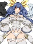  1girl alternate_color angel_wings asymmetrical_wings bare_shoulders black_wings blue_hair breasts cleavage closed_mouth detached_sleeves dizzy_(guilty_gear) feathered_wings guilty_gear guilty_gear_xrd hair_ribbon hair_rings hands_on_own_hips highres hina_co_330 large_breasts long_hair looking_at_viewer monster_girl navel panties red_eyes ribbon simple_background smile standing thighhighs underwear white_background white_panties white_sleeves white_thighhighs white_wings wide_sleeves wings yellow_ribbon 