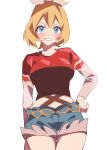  1girl blonde_hair blue_eyes blue_shorts bow_hairband cowboy_shot cropped_shirt denim denim_shorts gara_(qbeuxvii22) hairband hand_on_own_hip highres irida_(pokemon) irida_(special_costume)_(pokemon) long_sleeves looking_at_viewer navel official_alternate_costume pokemon pokemon_masters_ex short_hair shorts solo white_background white_hairband 