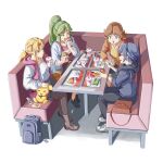  4girls automatic_giraffe backpack bag black_scarf blonde_hair blue_eyes blue_hair booth_seating brown_hair burger chicken_nuggets cup drinking_straw drinking_straw_in_mouth earrings eating food french_fries green_eyes green_hair handbag holding holding_cup hood hoodie jewelry looking_at_another lucina_(fire_emblem) multiple_girls open_mouth palutena pichu pink_hoodie pointy_ears princess_daisy princess_zelda scarf shoes smile super_smash_bros. watch white_hoodie wristwatch 