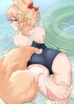  1girl animal_ear_fluff animal_ears ass bare_legs bare_shoulders barefoot blonde_hair blue_one-piece_swimsuit blush bow closed_mouth curly_hair dot_mouth expressionless feet feet_up fluffy fox_ears fox_girl fox_tail from_above green_innertube hair_bow highres innertube lily_(pixiv_18195067) looking_at_viewer looking_back lying medium_hair on_stomach one-piece_swimsuit one_side_up original red_bow shallow_water sideways_glance soles solo swim_ring swimsuit tail tail_through_clothes thigh_gap toes water wet yellow_eyes 