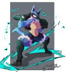  absurd_res action_pose anthro blakjakal blue_body blue_fur bottomwear breasts camel_toe canid chest_spike clothed clothing featureless_breasts female fishnet fishnet_legwear fist flexing fur generation_4_pokemon hand_spike hi_res legwear lucario mammal muscular muscular_anthro muscular_female nintendo pokemon pokemon_(species) pose shorts solo spikes spikes_(anatomy) topless yellow_body yellow_fur 