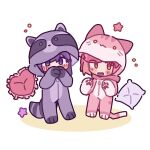  2girls alternate_costume animal_costume animal_ear_hood animal_ears blush_stickers bodysuit cat_costume cat_ears cat_tail covering_own_mouth deformed doki_doki_literature_club fake_tail full_body heart heart-shaped_pillow hood hood_up hooded_bodysuit kamiyite_cami long_hair looking_at_viewer medium_hair multiple_girls onesie open_mouth orange_eyes paw_print pillow pink_bodysuit pink_hair pink_hood purple_bodysuit purple_eyes purple_hair purple_hood raccoon_costume raccoon_ears raccoon_tail sayori_(doki_doki_literature_club) simple_background squeans star_(symbol) tail wavy_mouth white_background yuri_(doki_doki_literature_club) zipper_pull_tab 