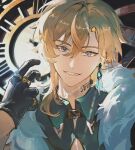  1boy aqua_shirt aventurine_(honkai:_star_rail) black_gloves blonde_hair collared_shirt earrings fur_trim gloves hair_between_eyes highres honkai:_star_rail honkai_(series) jewelry looking_at_viewer male_focus miliya neck_tattoo ring shirt short_hair solo tattoo 