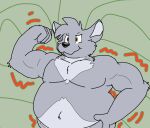  anthro arkisthaskunk belly black_nose brown_eyes canid canine canis fist flexing fur grey_body grey_fur housepets! male mammal motion_lines musclegut muscular muscular_anthro muscular_male narrowed_eyes other_daryl_(housepets!) overweight overweight_anthro overweight_male pecs solo webcomic wolf 