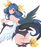  1girl angel_wings ass asymmetrical_wings bare_shoulders black_panties blue_hair blush bow breasts chemaru_(a8l) detached_sleeves dizzy_(guilty_gear) feathered_wings green_wings guilty_gear guilty_gear_xrd hair_ribbon hair_rings large_breasts long_hair monster_girl panties red_eyes ribbon tail tail_bow tail_ornament tail_ribbon underwear white_sleeves white_wings wide_sleeves wings yellow_ribbon 