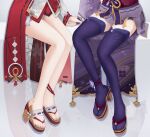  2girls absurdres bare_legs commentary floral_print genshin_impact highres multiple_girls obi purple_thighhighs raiden_shogun red_sash red_skirt sandals sash sitting skirt sylux thighhighs thighs yae_miko 