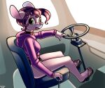 2024 5_toes anthro blep car clothing feet female flip_flops footwear hi_res hoodie humanoid_feet maisie_whisk mammal mouse murid murine plantigrade rodent sandals solo steering_wheel toes tongue tongue_out topwear vehicle wick_(artist)