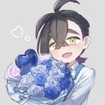  1boy black_hair blue_flower blue_rose blush bouquet candy collared_shirt crossed_bangs flower food grey_background hair_between_eyes highres holding holding_bouquet jacket kieran_(pokemon) lollipop long_sleeves looking_at_viewer male_focus mole mole_on_neck mtitp54 multicolored_hair open_mouth pokemon pokemon_sv purple_hair rose shirt simple_background solo upper_body white_jacket yellow_eyes 