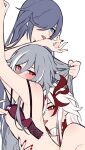  3girls arms_up black_nails blue_eyes blue_hair blush bra breasts commentary_request dual_persona eyeliner fu_hua fu_hua_(fenghuang_of_vicissitude) fu_hua_(herrscher_of_sentience) grabbing_another&#039;s_hair grey_hair hair_between_eyes hair_over_one_eye hand_on_another&#039;s_chest hand_on_another&#039;s_stomach highres honkai_(series) honkai_impact_3rd licking_another licking_another&#039;s_hand licking_back light_blush long_hair makeup multicolored_hair multiple_girls nipples nude official_alternate_hairstyle one_eye_covered open_bra red_eyeliner red_eyes red_hair red_nails red_scales simple_background small_breasts streaked_hair symbol-shaped_pupils tearing_up two-tone_hair underwear upper_body white_background white_hair yellow_pupils yunomi_(yunomi_hs) yuri 