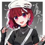  1girl absurdres arima_kana beret black_gloves black_shirt bob_cut gloves guitar hat highres holding holding_guitar holding_instrument holding_plectrum idol idol_clothes instrument inverted_bob looking_at_viewer open_mouth oshi_no_ko plectrum red_eyes red_hair shirt short_hair shuoruoranxing smile solo upper_body white_headwear 