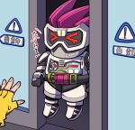  &gt;_&lt; 1boy 1jumangoku belt belt_buckle black_belt buckle character_request commentary_request deformed fingerless_gloves fingernails full_body gloves kamen_rider kamen_rider_ex-aid kamen_rider_ex-aid_(series) mecha_focus out_of_frame purple_hair short_hair sign sliding_doors spiked_hair sweatdrop tearing_up warning_sign yellow_gloves 