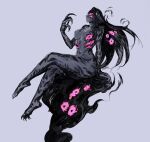  1girl arm_support artist_name black_hair breasts claws colored_skin crossed_legs eldritch_abomination extra_eyes from_side grey_background grey_skin hand_up highres large_breasts long_hair original pink_eyes sharp_toenails simple_background sitting solo toenails yourfreakyneighbourh 