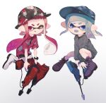  1girl 2girls :q absurdres aqua_eyes aqua_hair bangs black_footwear black_headwear black_necktie black_shorts blue_headwear boots collared_shirt dual_squelcher_(splatoon) fang grey_jacket gun hat head_tilt highres holding holding_gun holding_weapon inkling inkling_girl jacket jumping long_hair long_sleeves looking_at_viewer mikoshiba_m multiple_girls necktie open_mouth pink_eyes pink_hair pointy_ears red_shirt shirt short_hair short_shorts short_sleeves shorts simple_background smile splatoon_(series) tentacle_hair tongue tongue_out v-shaped_eyebrows weapon white_background white_footwear zipper 