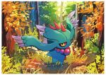  beads colored_sclera english_commentary flutter_mane ghost grass hazikamiio head_wings highres looking_at_viewer nature outdoors pink_sclera pokemon pokemon_(creature) sharp_teeth solo teeth tree wings yellow_eyes 