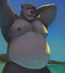 2024 anthro armpit_hair baloo beach bear belly belly_overhang big_belly bodily_fluids body_hair bottomwear chest_tuft clothed clothing hand_behind_head hi_res male mammal manly moobs navel nipples one_eye_closed open_mouth outside overweight overweight_male raised_arm shorts shorts_only solo sweat sweatdrop the_jungle_book topless tuft water zcdartz