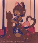  1girl :3 animal_ears black_bow black_bowtie black_romper bow bowtie braid brown_background brown_bow brown_cat brown_eyes brown_hair brown_theme cat cat_ears cat_girl cat_tail chocolate_on_clothes chocolate_on_head clothing_cutout commentary_request creature dark-skinned_female dark_skin dated duo_chromatic fang food food_as_ears french_braid fruit full_body happy_valentine heart heart_tail highres holding holding_creature limited_palette looking_at_creature medium_hair open_mouth original piyoko9494 romper short_sleeves shoulder_cutout sitting smile solo strawberry strawberry_slice tail valentine 