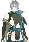  1boy alhaitham_(genshin_impact) aqua_hair bangs black_gloves black_thighhighs blush bulge chest_jewel closed_mouth clothing_cutout detached_sleeves genshin_impact gloves grey_hair hair_over_one_eye male_focus meiji_(meiji770) multicolored_hair navel_cutout nipples partially_fingerless_gloves pectorals pelvic_curtain see-through shoulder_cape simple_background solo thighhighs twitter_username white_background 