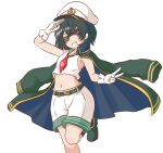  1girl anchor_symbol arm_up belt black_coat black_hair coat commentary_request eyepatch gloves green_eyes green_sailor_collar hat looking_at_viewer mizusoba murasa_minamitsu navel neckerchief red_neckerchief sailor_collar sailor_hat short_hair shorts simple_background solo tank_top touhou v white_background white_gloves white_headwear white_shorts white_tank_top 