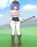  1girl alternate_costume black_footwear black_headwear breasts closed_mouth commentary_request commission flat_cap hat highres jockey large_breasts looking_at_viewer mizusoba nagae_iku outdoors purple_hair red_eyes short_hair skeb_commission smile solo touhou 