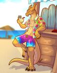  absurd_res aloha_shirt anthro beach beach_bar beverage braz claws clothing coconut coconut_drink dragon drupe_(fruit) food fruit gold_scales green_eyes hi_res horn leaning lluisabadias looking_at_viewer male pattern_clothing pattern_shirt pattern_topwear plant seaside shirt smile smirk smirking_at_viewer solo swimming_trunks swimwear topwear 