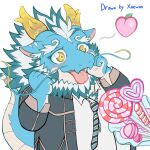 anthro beard blue_body blush candy chibi dessert dragon facial_hair food hair happy hi_res horn lifewonders lollipop male mature_male mythological_creature mythological_scalie mythology necktie qinglong receiving_gift scalie smile tokyo_afterschool_summoners white_hair xaewon84