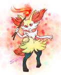  1girl animal_ear_fluff animal_ears animal_feet animal_hands artist_name black_fur body_fur braixen closed_mouth commentary_request fire flat_chest fox_ears fox_girl fox_tail full_body furry furry_female hand_up happy heart highres holding holding_stick leg_up looking_afar multicolored_fur navel neck_fur partial_commentary pokemon pokemon_(creature) red_eyes saki1008 signature smile solo standing standing_on_one_leg star_(symbol) starry_background stick stomach tail v-shaped_eyebrows white_fur yellow_fur 
