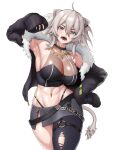  1girl abs ahoge animal_ear_piercing animal_ears breasts cleavage ear_piercing fur-trimmed_jacket fur_trim grey_eyes grey_hair hair_between_eyes highleg highres hololive jacket large_breasts lion_ears lion_girl lion_tail long_hair looking_at_viewer open_mouth piercing see-through see-through_cleavage shiny_skin shishiro_botan shishiro_botan_(1st_costume) simple_background single_leg_pantyhose skindentation skylock solo sports_bra standing striped_sports_bra tail thong vertical-striped_sports_bra virtual_youtuber white_background zipper_skirt 