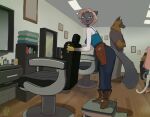 2024 anthro barber barber_chair biped black_body black_fur blonde_hair blue_eyes boots brown_body brown_fur canid canine canis chair clothing dallas_(matchattea) detailed_background digital_media_(artwork) domestic_cat domestic_dog felid feline felis female footwear fully_clothed_anthro fully_clothed_female fur furniture german_shepherd gloves group hair handwear herding_dog inside looking_at_viewer male mammal matchattea multicolored_body multicolored_fur open_mouth open_smile pastoral_dog smile smiling_at_viewer whiskers