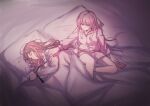  2girls absurdres bakookami bang_dream! bang_dream!_it&#039;s_mygo!!!!! brown_hair cellphone chihaya_anon closed_eyes closed_mouth grey_eyes hair_between_eyes highres hood hood_down hooded_jacket jacket long_hair long_sleeves lying multiple_girls nagasaki_soyo on_bed on_side pajamas phone pillow pink_hair shirt shorts sidelocks sitting sleeping smartphone under_covers white_jacket white_shirt white_shorts yuri 